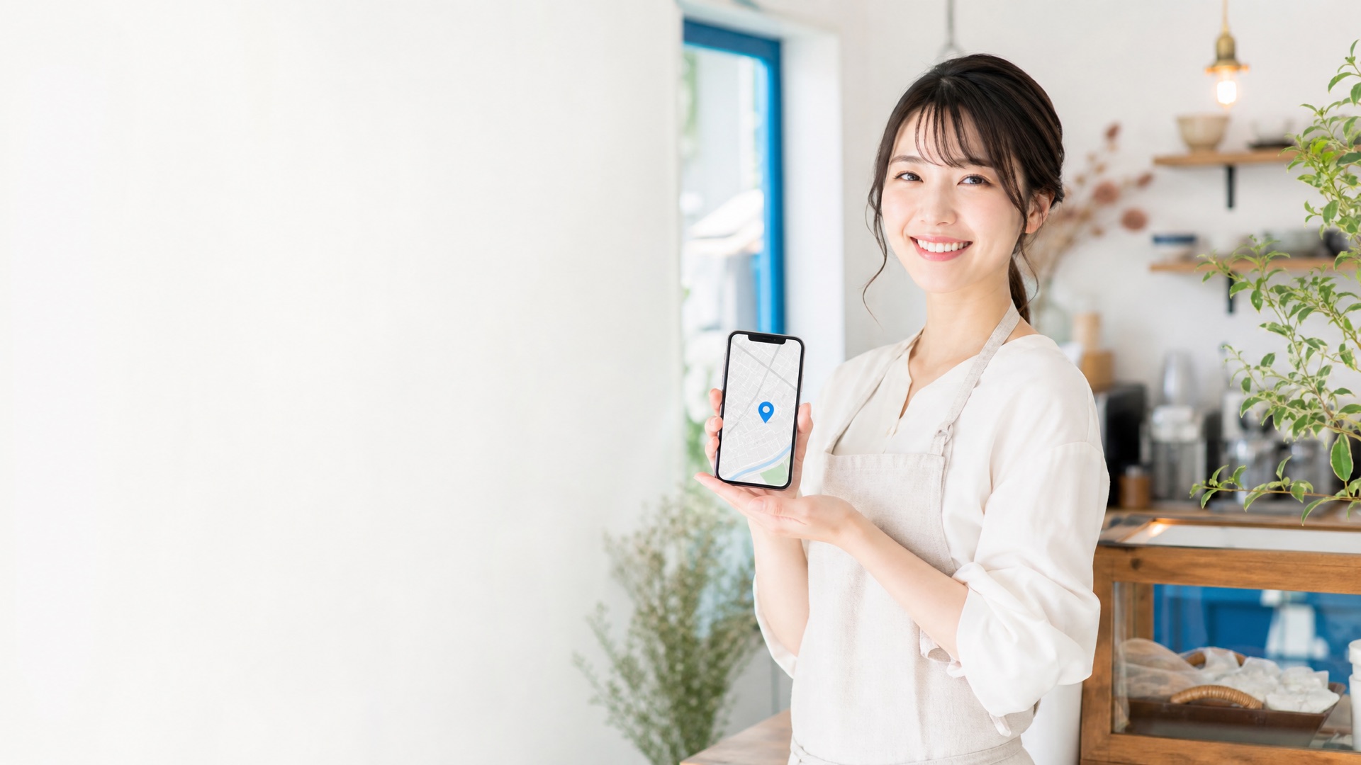 スマートフォンでGoogleマップの地図を見せる店舗オーナー